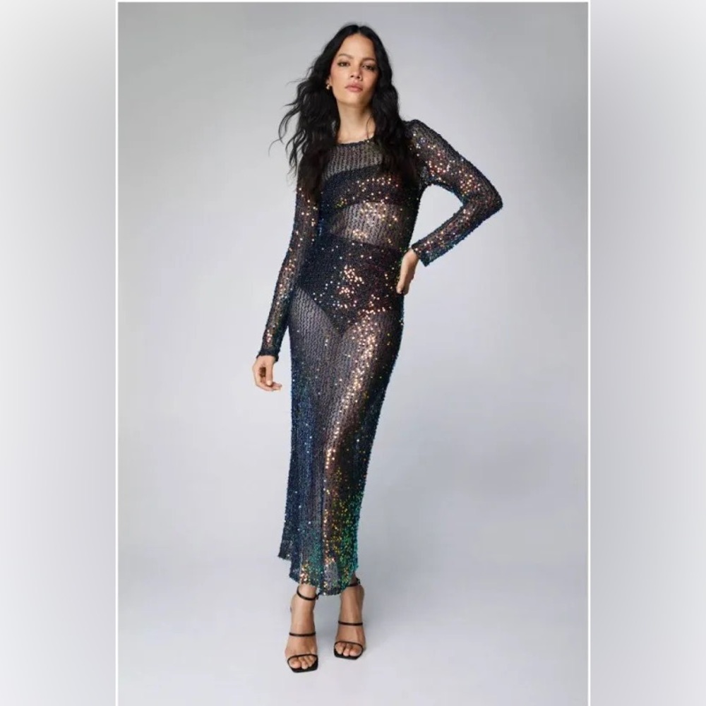 Nasty Gals Sequin Sheer Long Sleeve Maxi Dress